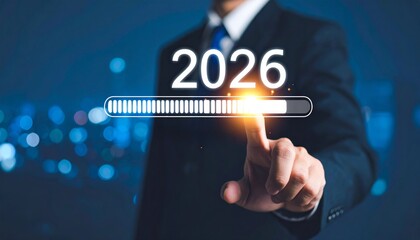 A businessman touches a digital progress bar transitioning from 2025 to 2026, symbolizing strategic planning, future readiness, and challenge strategy for business.