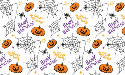 Seamless Halloween pattern with spiderwebs, pumpkins, and spiders on an white background. Ideal for textiles, packaging, and wallpapers. A festive background for Halloween.