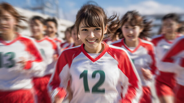 A lively group of Japanese high school girls play soccer together, showcasing teamwork, laughter, and high energy on the field.