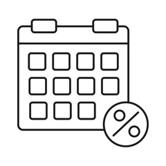 Calendar percent icon. Discount date symbol. Offer event Vector. Promotion schedule mark.