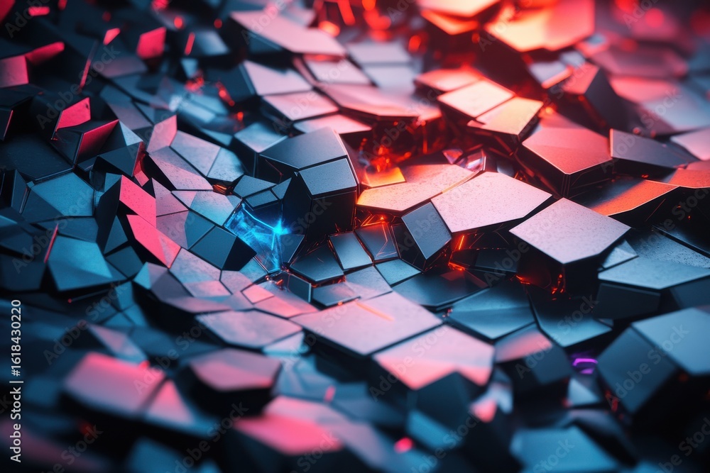 Poster abstract geometric pattern of interlocking shapes with vibrant lighting effects in a digital landsca
