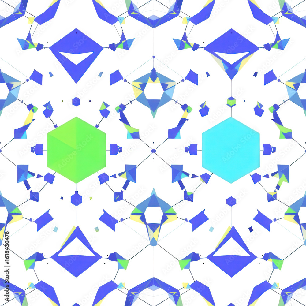 Aufkleber abstract geometric pattern with blue triangles and green and cyan hexagons on black background