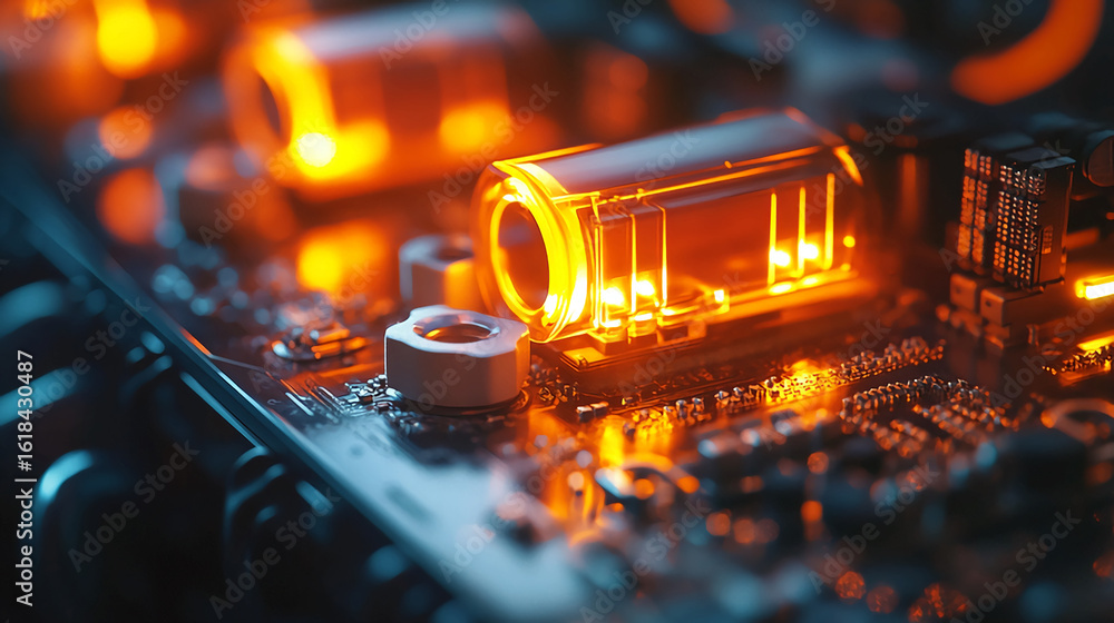 Poster a close up view of a computer motherboard with glowing components and intricate circuitry details