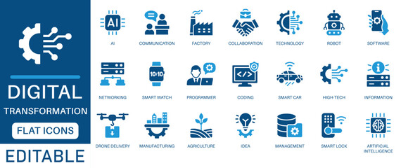 Digital transformation icon set. featuring AI, robotics, coding, smart tech, automation, communication, software, and innovation. Ideal for tech, IT, industry 4.0, and future technology designs.