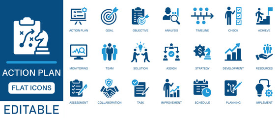 Action plan icon set. featuring strategy, goal setting, task management, timeline, teamwork, development, and planning. Perfect for business, project management, productivity, and performance design.