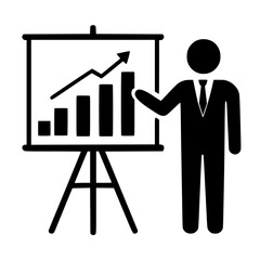 Professional business presentation vector illustration showing a corporate figure in a suit pointing to a bar chart with upward growth