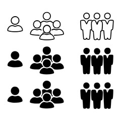 Clean vector icon set of group and team concepts, featuring six people-focused designs in both outline and solid styles. Ideal for portraying teamwork, collaboration, leadership, and organization
