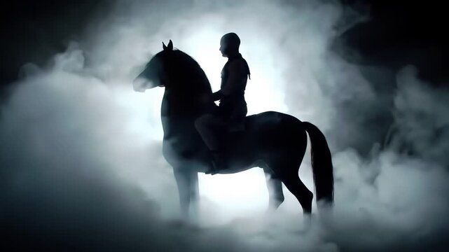 Mystical silhouette of horse and rider shrouded in fog, cinematic fantasy scene