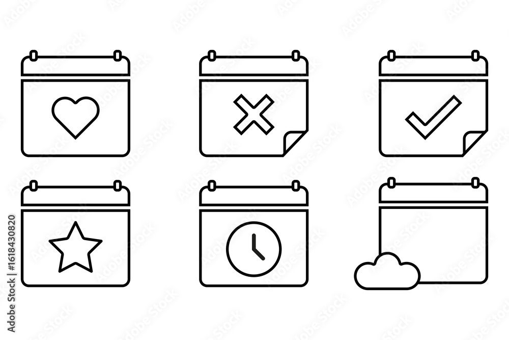 Poster calendar icon set. diverse date symbols. multiple event vector. various schedule marks.