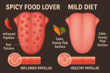 Comparing tongue health spicy food lover vs mild diet infographic analysis health education visual comparison
