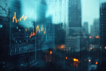 Fototapeta premium Stock market data displayed on a screen during a rainy night in a city.
