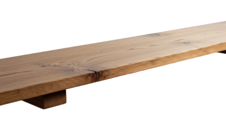 Natural wood plank shelf against a black background.