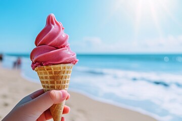 hand holding a pink ice cream cone on the beach, with the sea and sky in the background on a sunny day, blue sky, exuding summer vibes.