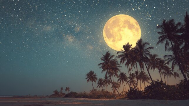 A glowing full moon shines over a tropical beach lined with palm trees, under a starry summer night sky.
