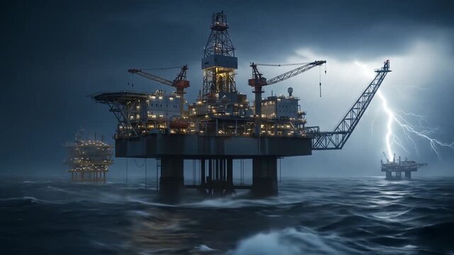 Offshore Oil Platform During Storm with Lightning Strikes and Rough Sea
