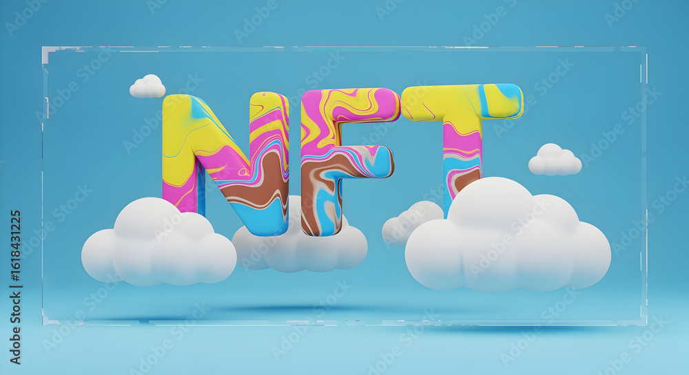 Poster abstract colorful nft letters encased in glass frame with clouds in a light blue background 3d rende