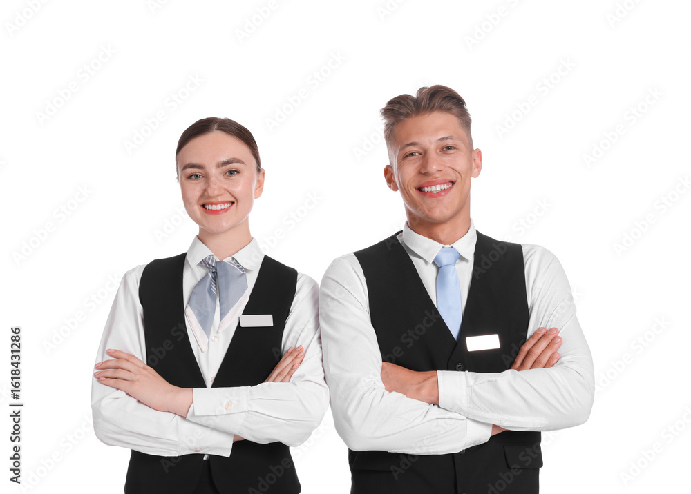 Poster smiling receptionists in uniforms with crossed arms on white background