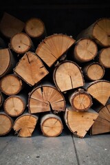 Fototapeta premium A rustic pile of bundled firewood, ready for the fireplace or wood stove Perfect for autumn, winter, and cozy home themes Shows natural textures and variations in wood grain , wood, warmth, cozy