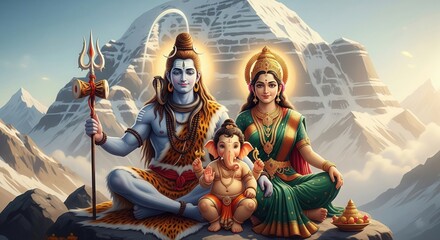 Lord Shiva, Parvati, and Ganesha on Mount Kailash – Divine Family Portrait | Ganesh Wallpaper HD, Mobile Background, Spiritual Art