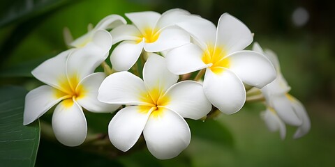 Fototapeta premium Fragrant White Frangipani Flowers with Yellow Centers Surrounded by Green Leaves in Soft Tropical Bloom and Natural Garden Ambience