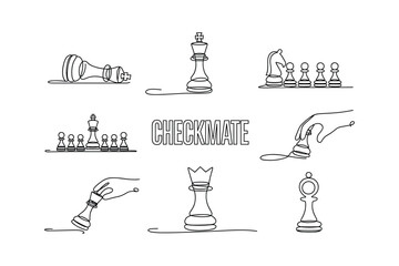 Chess pieces and checkmate text line art king queen
