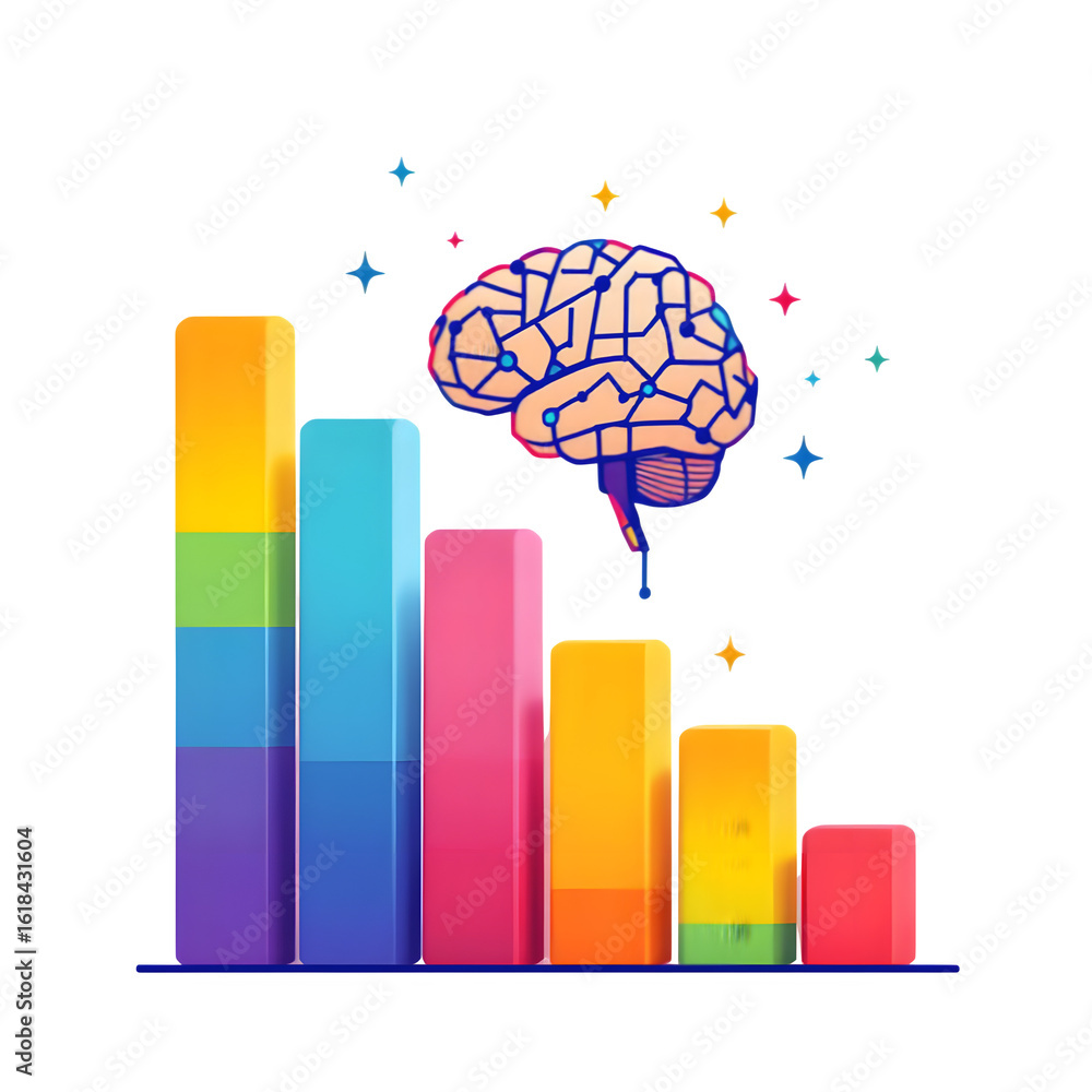 Poster colorful bar graph with decreasing values and a brain illustration floating above it on black