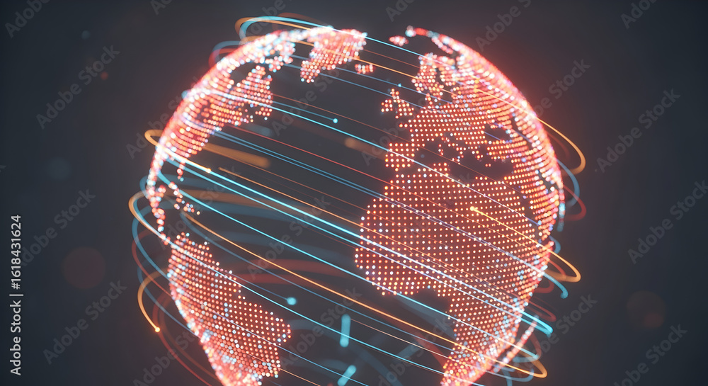 Poster abstract digital globe with red dotted continents and swirling light trails on a dark backdrop depic