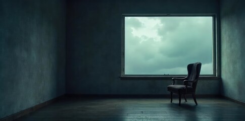 An empty, dimly lit room, a single chair sits by a window overlooking a grey, overcast sky, suggesting solitude and the finality of life's end , isolation, empty chair, finality