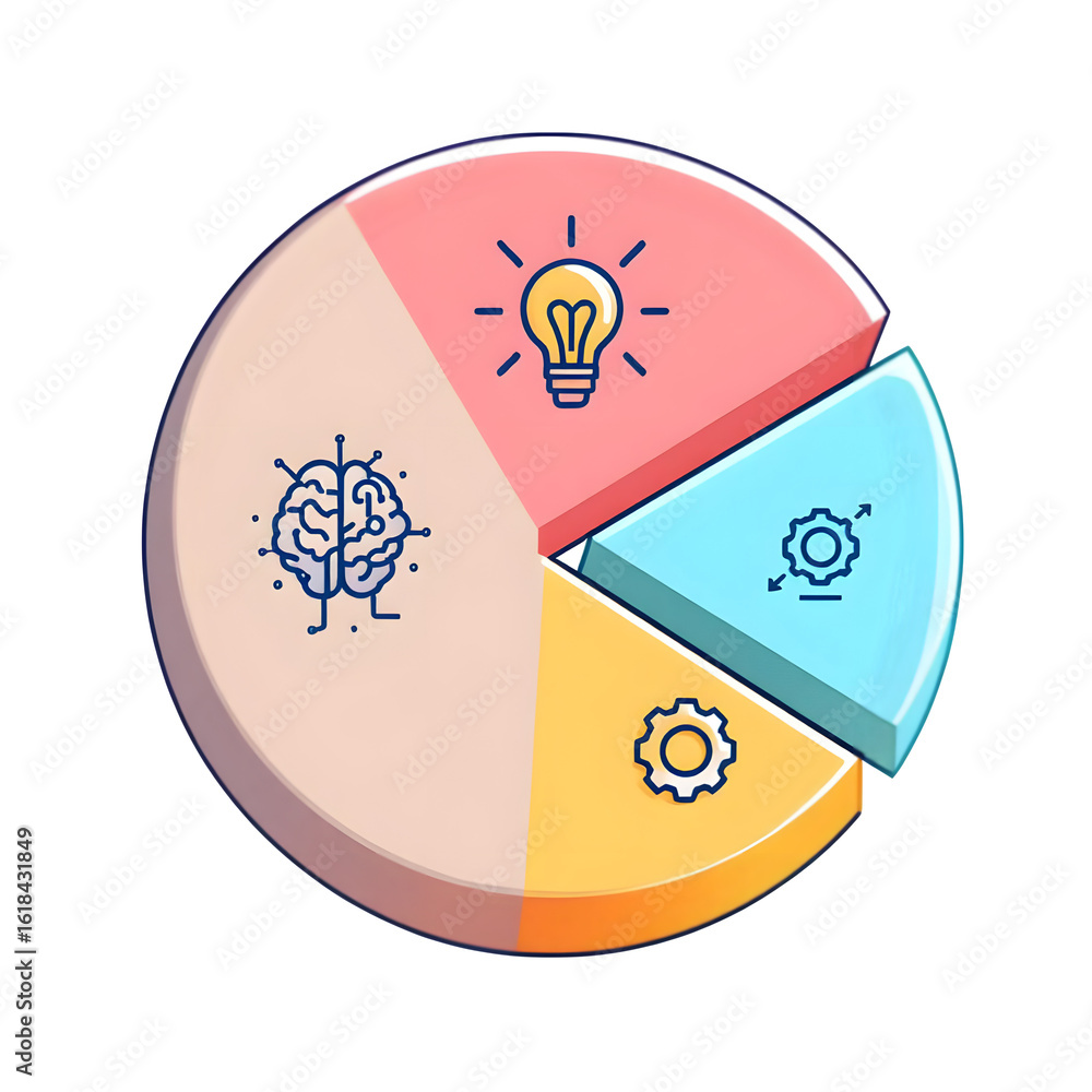 Poster colorful pie chart with brain lightbulb and gear icons representing different concepts or categories