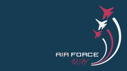 Graphic design celebrating Air Force Day with stylized jets leaving white, red, and white trails on a blue background.