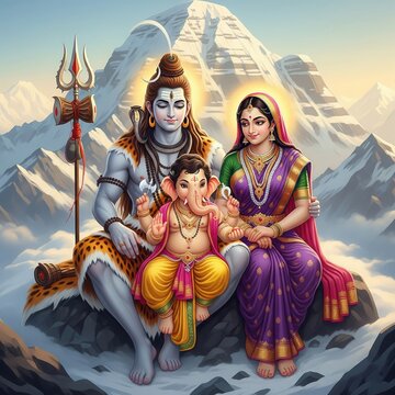 Lord Shiva, Parvati, and Ganesha on Mount Kailash &ndash; Divine Family Portrait | Ganesh Wallpaper HD, Mobile Background, Spiritual Art