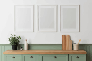 Minimalist Kitchen Mockup with Green Cabinets, Wooden Countertop, and Blank Wall Frames.