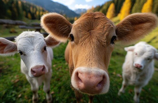 A cow with two heads stands in the foreground, behind it is an open field where other cows graze and another bull walks towards them
