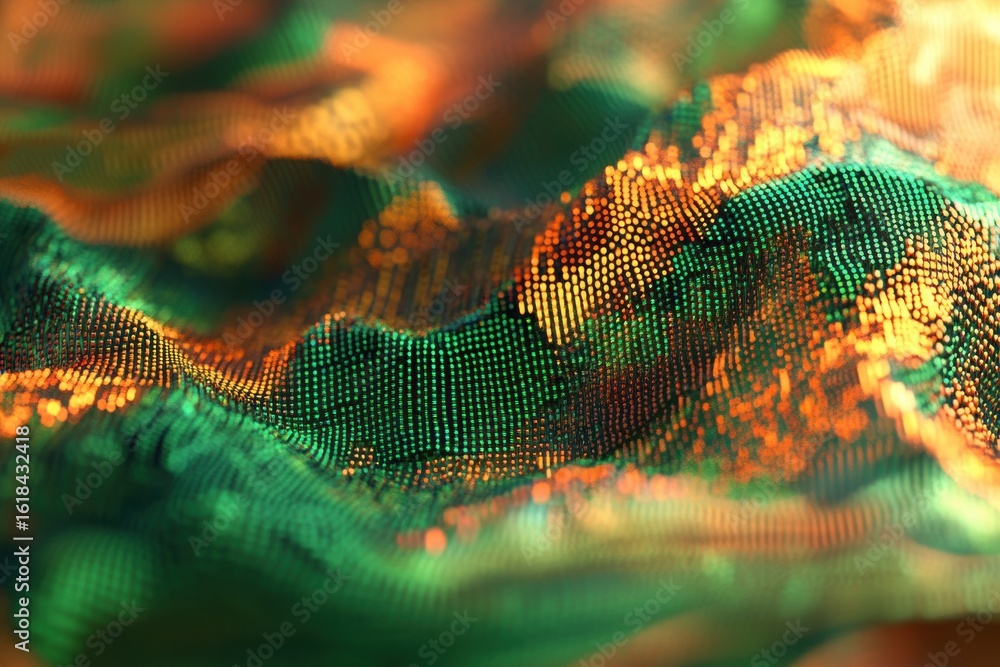 Poster abstract representation of colorful waves with vibrant green and orange hues creating depth