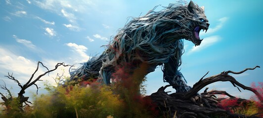 A haunted gothic lycan dryad perched on a wind-swept hill art, generative ai
