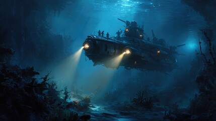 In this deep-sea exploration scene, a high-tech submarine emits a bright searchlight, illuminating a mysterious ancient shipwreck covered in vibrant coral.