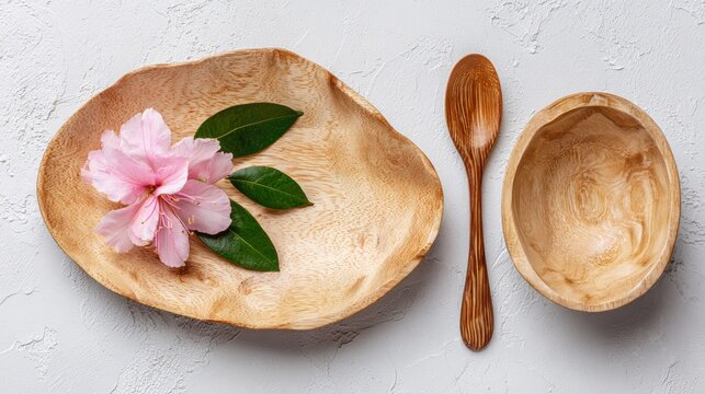Natural wooden dishware set with pink flower. - Powered by Adobe