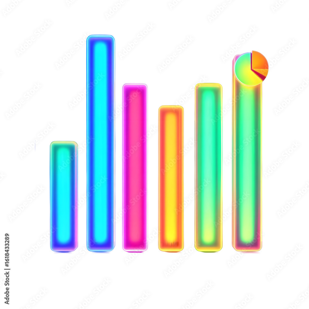 Poster colorful bar graph with a pie chart on top of the last bar against a black background display