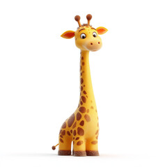Fototapeta premium 3D cartoon giraffe, long neck, yellow with brown spots, friendly eyes, childlike style, white background.