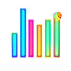 Obraz premium Colorful bar graph with a pie chart on top of the last bar against a black background display
