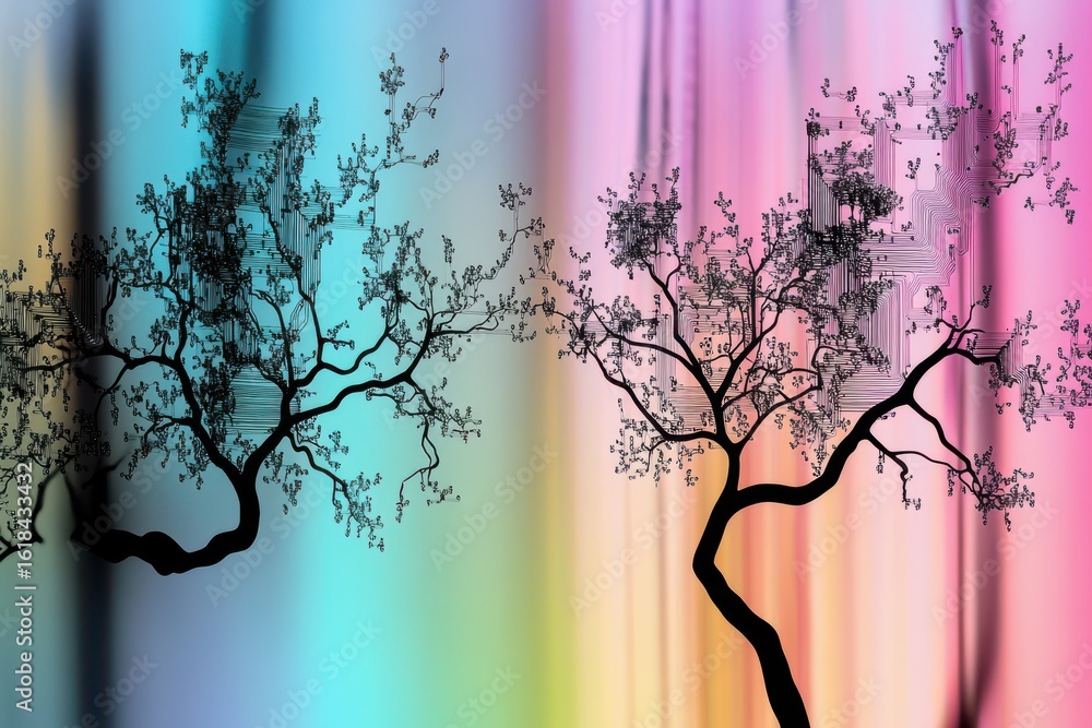 Poster abstract representation of stylized trees against a vibrant gradient background