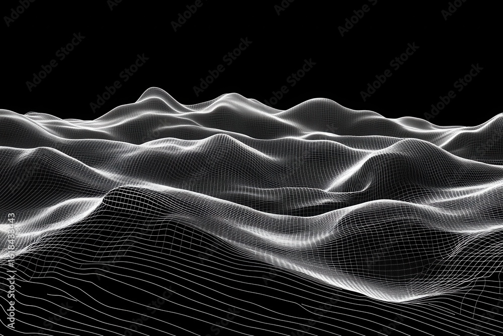 Poster abstract representation of undulating terrain with flowing lines against a black background
