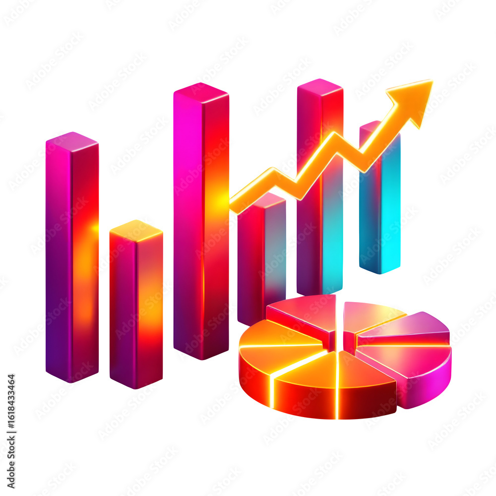 Poster isometric view of bar graph and pie chart with an upward trending arrow on a black background