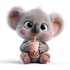 3D cartoon koala drinking bubble tea, big straw, dreamy eyes, pastel tones, isolated on white background.