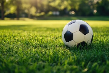 A soccer ball rests on a lush green field, bathed in the warm glow of sunlight.