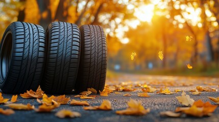 Fototapeta premium Autumn Tires Resting on a Road Surrounded by Colorful Leaves During Sunset