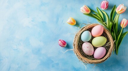 Easter background with colorful eggs in a bird's nest and tulips on a blue pastel table, top view. Easter concept, Space available for text or design.