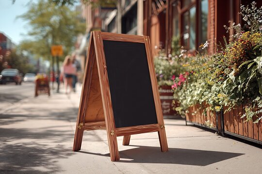 Charming wooden A-frame chalkboard sign inviting customers outside a vibrant storefront with blooming flowers