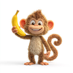 3D cartoon monkey, banana in hand, curly tail, happy expression, jungle theme, white background.