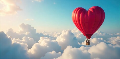 Fototapeta premium A heart-shaped hot air balloon floats serenely amidst fluffy clouds, symbolizing the lightness and freedom of love soaring to new heights , happiness, affection, peace